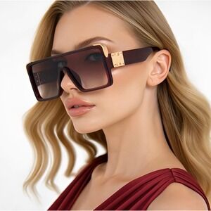 Oversized Square Sunglasses Tortoise Gold Accents Fashion‎ Shield Sunnies Lentes